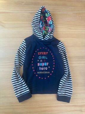 Girls Navy Hooded Sweatshirt with Striped Sleeves - 'Every Girl is a Superhero'
